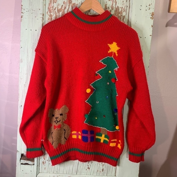 Vintage share the joy women’s Christmas sweater with Christmas tree teddy bear - Picture 1 of 5